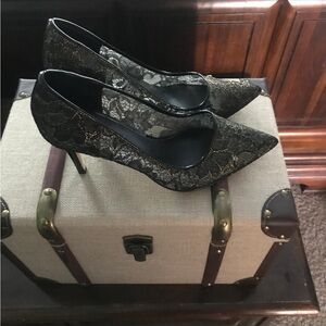 Elie Tahari Black and Gold Lace Heels